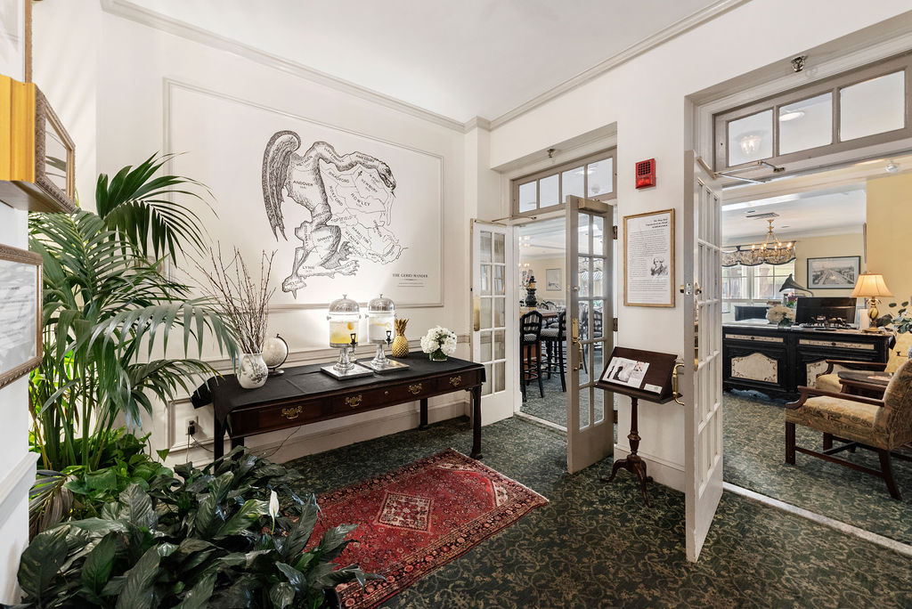 Image of the lobby at The Hawthorne Hotel with complimentary beverage station. Hawthorne Hotel, a member of Historic Hotels of America since 1991, located in Salem, Massachusetts